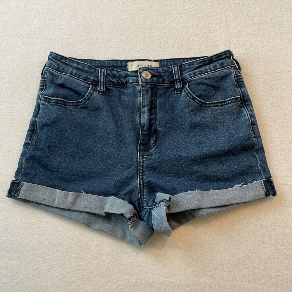 Pacsun Jean Shorts Womens Size 26 Blue Denim Cuffed High‎ Rise Shortie Stretch